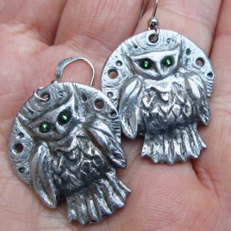 Owl Earrings with green glass eyes